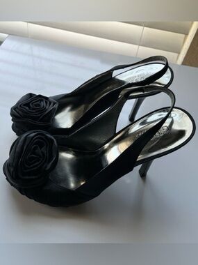 Guess Slingback Satin Peep-Toe Heels with Rosette Accent